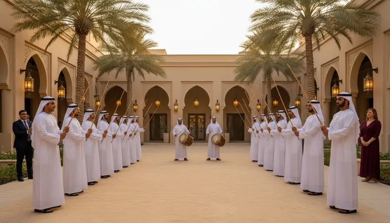 Ayala dancers in white kandura in two facing rows holding thin canes, with drummers between them, at an evening event in Dubai
