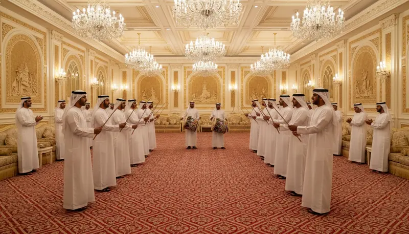 Ayala troupe with canes and drums welcoming male guests in a decorated wedding majlis hall in Dubai