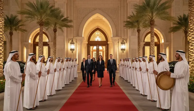 Ayala welcome line of Emirati men with canes at a Dubai hotel entrance as business guests arrive in the evening