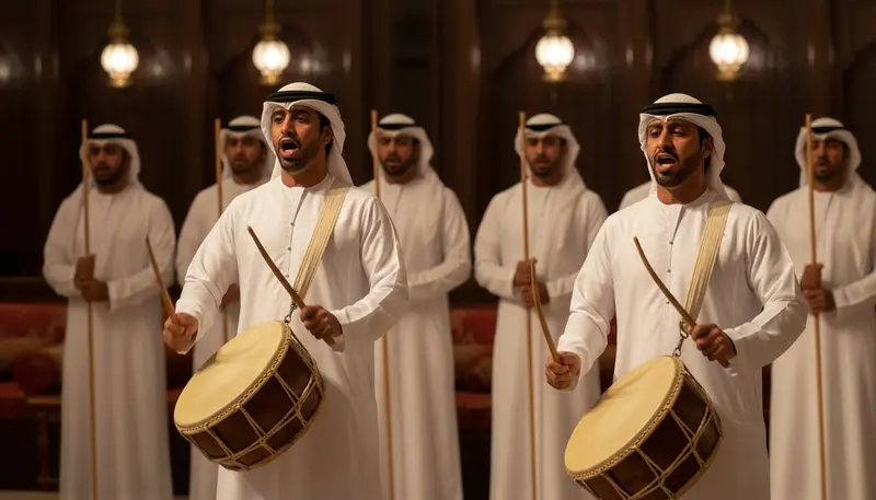 Close view of an ayala dance show: drummers with large round drums in front of a row of chanting men holding canes
