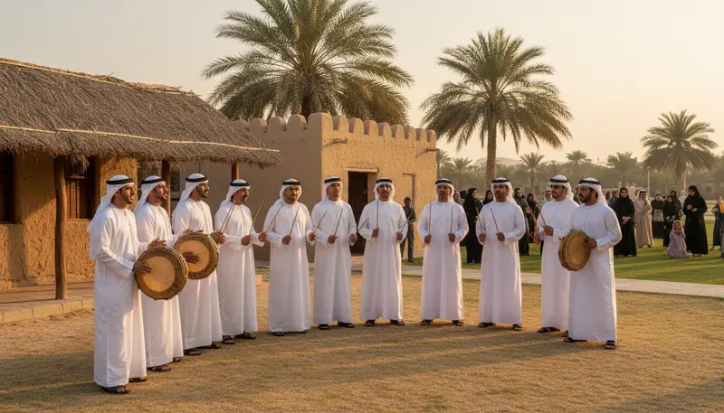 Emirati folklore troupe in white kandura with canes and drums performing outdoors at a heritage village event in the UAE