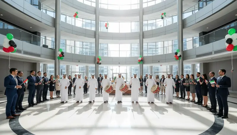 Emirati troupe with drums performing for staff at a UAE National Day celebration in a Dubai office atrium with balloons in the flag colours
