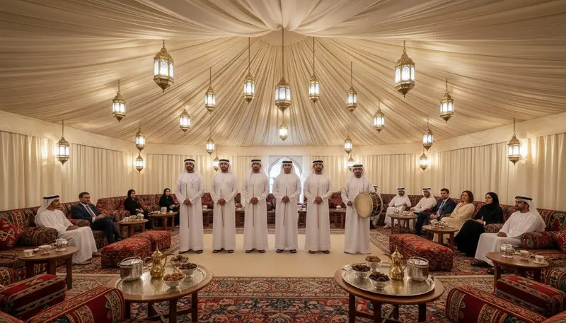 Small ayala group holding canes, with a drummer, ready to perform after iftar in a lantern lit Ramadan tent in Dubai