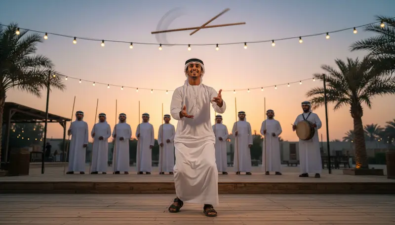 Yola performer in a white kandura tossing canes that spin in the air above his head on an outdoor stage at dusk